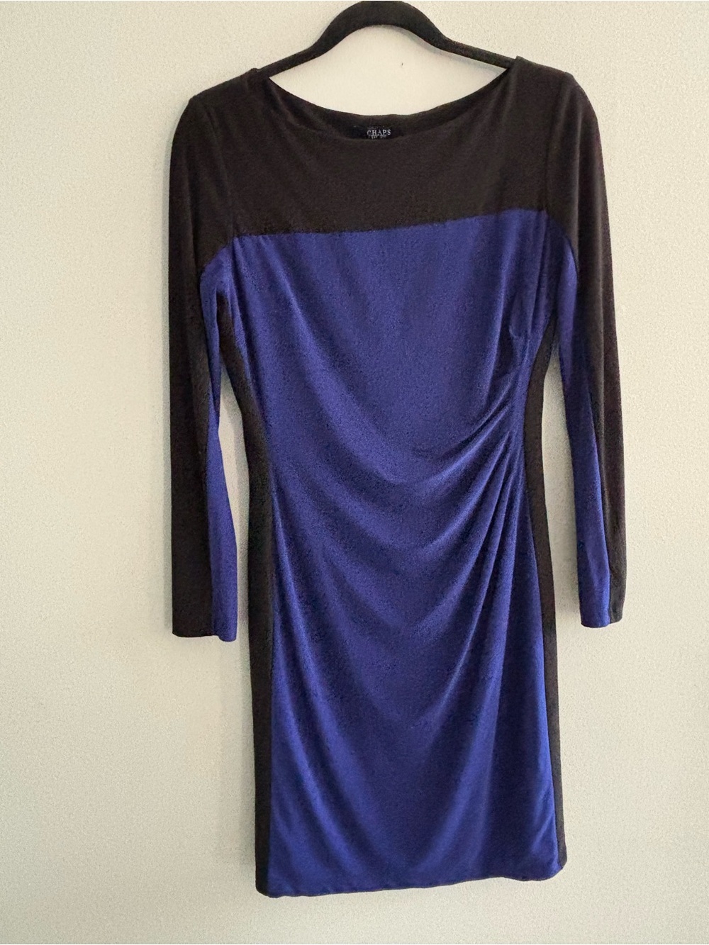 Chaps Black & Royal Blue Long Sleeve Ruched Sheath Dress